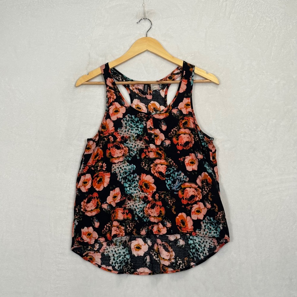 H&M Black Floral Racerback Button Front Tank Top Size 4